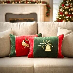 Christmas Chenille Embroidered‎ Pillows Set of 2 Red Green Cardinal Bell 15x11